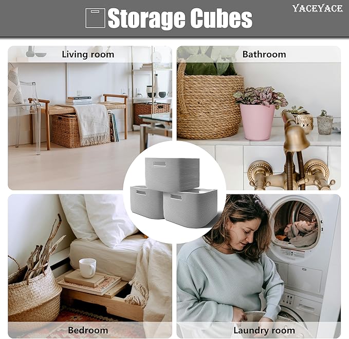 Fabric Bins Cube, 3 Pack Storage Cubes Organizer for Toy, Closet, Foldable Baskets for Shelves, Rope Baskets with Handles, 15''Lx10''Wx9''H