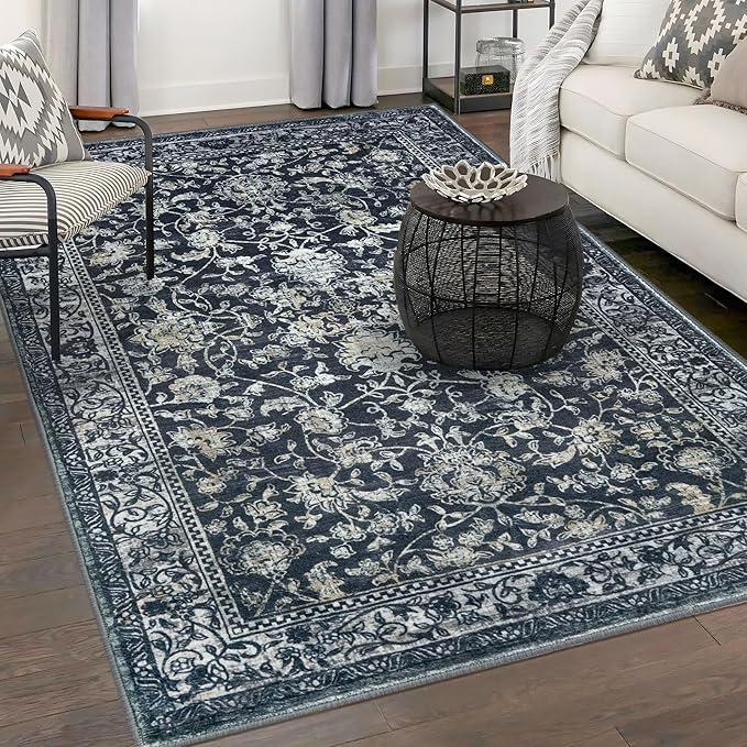 KILOCOCO Area Rug 5x7 Living Room Rug Washable Printed Vintage Floral Non Slip Soft Rubber Backed Indoor Bedroom Rugs for Laundry Room Kitchen Playroom Moroccan Area Rugs, Navy/Charcoal
