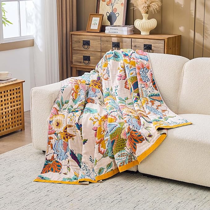 Farmhouse Throw Blanket, 50"x 60" Boho Throw Blankets for Couch Cover, 100% Cotton Bohemian Vintage Quilt for All Seasons Reversible Florals Lightweight Picnic Blankets Home Decoration
