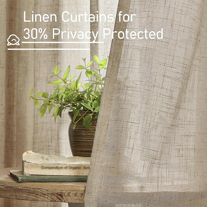 LAMIT 54 Inch Semi Sheer Window Linen Curtains, Light Filtering Panels Back Tab and Rod Pocket Country Decor Drapes for Bedroom/Farmhouse, Taupe, 2 Panels, 34 x 54 Inch