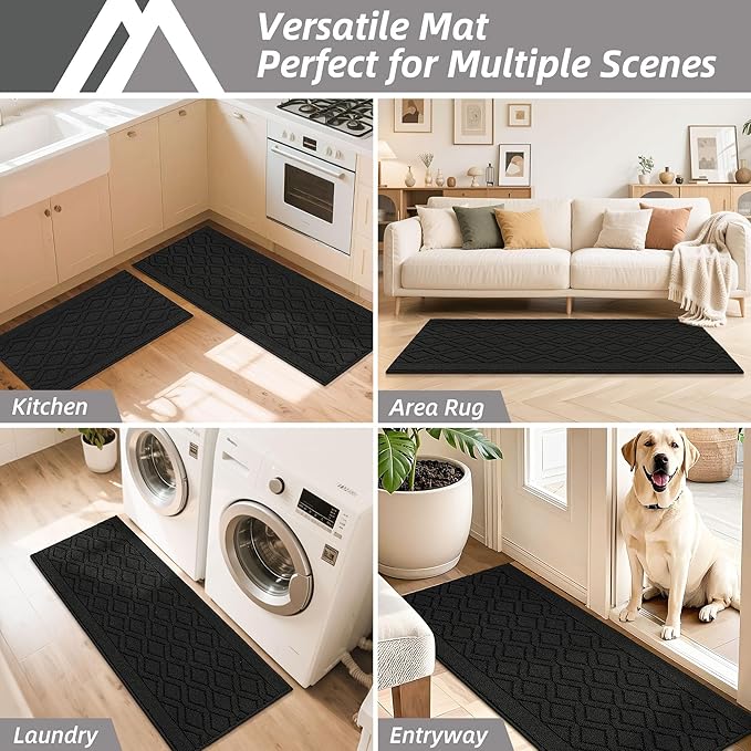 COSY HOMEER-Kitchen-Rugs-Non-Slip-Washable 24"x60" Absorbent Kitchen Runner Rugs Polypropylene Kitchen Mats for Floor,Sink Mat,Hallway,Laundry,Black