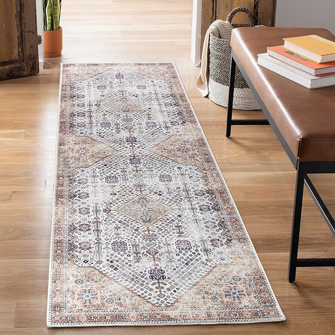 Bloom Rugs Washable Non-Slip 10 ft Runner - Sand/Orange/Purple Traditional Medallion Runner for Entryway, Hallway, Bathroom, and Kitchen - Exact Size: 2.5' x 10'