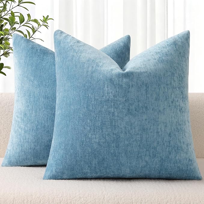 decorUhome Chenille Grey Blue Throw Pillow Covers 26x26 Inch Set of 2, Decorative Soft Couch Pillow Covers Solid Dyed Accent Farmhouse Neutral Square Pillow Cases for Sofa Bed Living Room