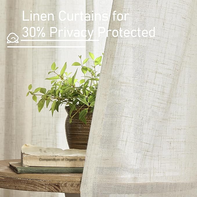 LAMIT Natural Linen Semi Sheer Curtains 63 Inch for Bedroom, Light Filtering Neutral Window Curtains Farmhouse Boho Back Tab and Rod Pocket Panels, Natural Cream Ivory, 2 Panels, 38 x 63 Inch