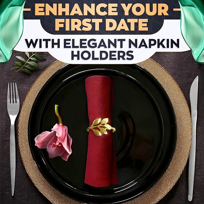 Gold Napkin Rings Set of 20 - Valentine Napkin Rings Fits Various Napkins Styles, Elegant Gold Leaf Design for Dinner Parties, Special Events, Holidays & Valentine Table Decor, as Gifts for Hosts