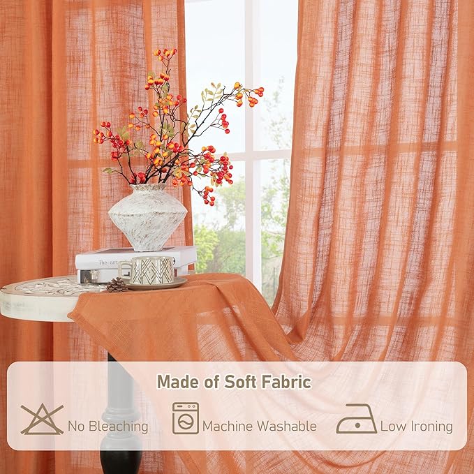 LAMIT Linen Curtains 48 Inch Length 2 Panels, Light Filtering Panels Back Tab and Rod Pocket Country Decor Drapes for Kitchen/Window/Loft Room/Bedroom, 34 x 48 Inch, Burnt Orange