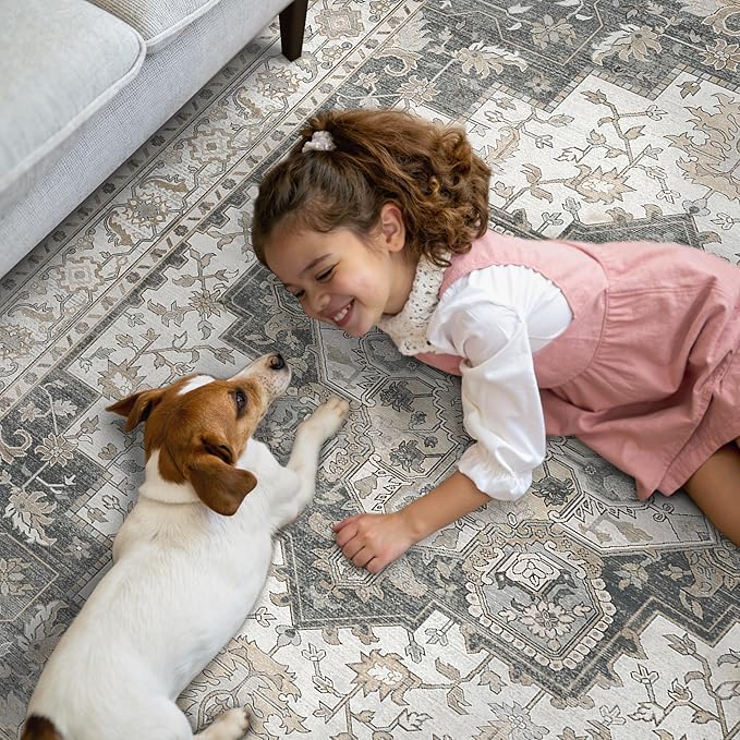 GENIMO 9x12 Area Rugs for Living Room, Non Slip Machine Washable Vintage Rugs, Low Pile Lightweight Chenille Print Large Rug for Bedroom, Dining Room, Home Office, Heathered Grey
