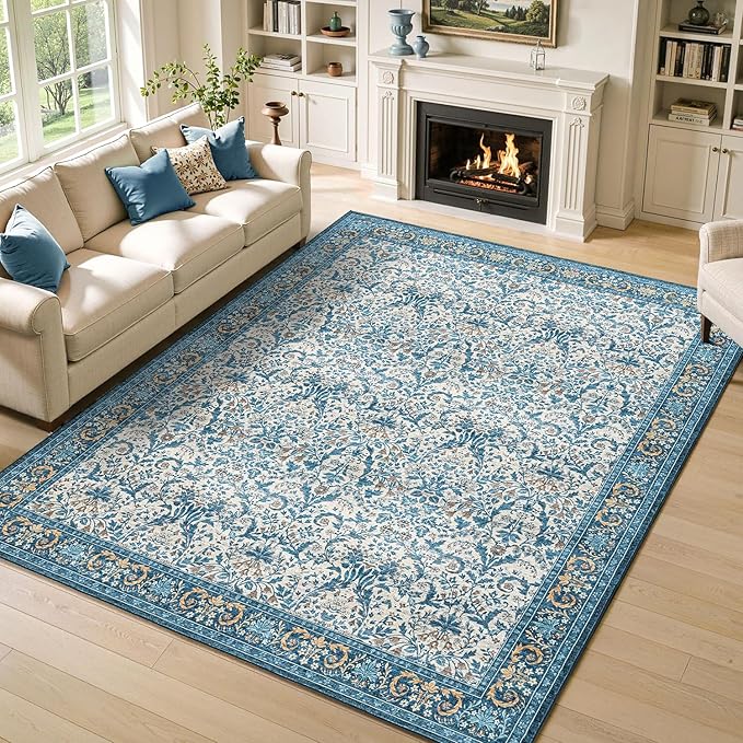 Woaboy Washable 8x10 Area Rug for Living Room Bedroom Dining Room Under Kitchen Table,Non-Slip Low Pile Stain Resistant Soft Large Carpet for Vintage Floral Oriental Home Decor Blue