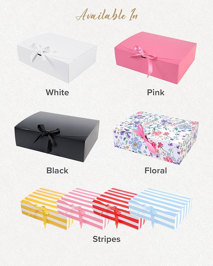 HummingBox Black Gift Box Set of 16 - Gift Boxes for Presents & gifting on weddings, birthdays & more - Easy to Assemble Black Gift Boxes With Lids & Ribbon Closure - Decorative Boxes With Lids