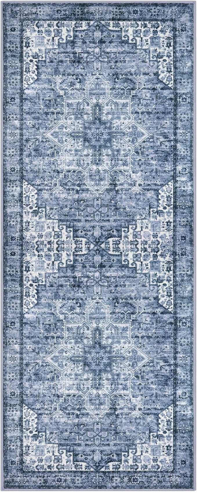 2x6 Runner for Hallways, Blue Non-Slip Printed Washable Kitchen Runner Vintage Rug with Non-Shedding, Soft Medallion Floor Carpet for Laundry Bedroom Entryway