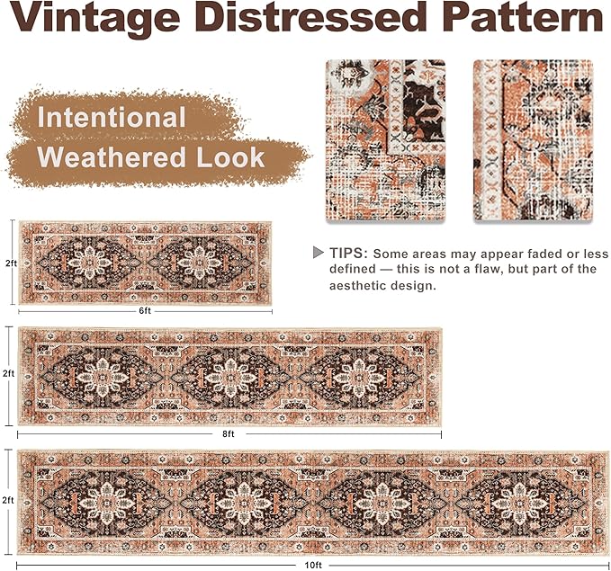 XWZO Runner Rug 2x10ft for Long Hallways, Washable Non-Slip Low Pile Area Rug with Rubber Backing, Spill Resistant Soft Vintage Floor Carpet for Kitchen Entryway Stair Landing Living Room, Brick Red