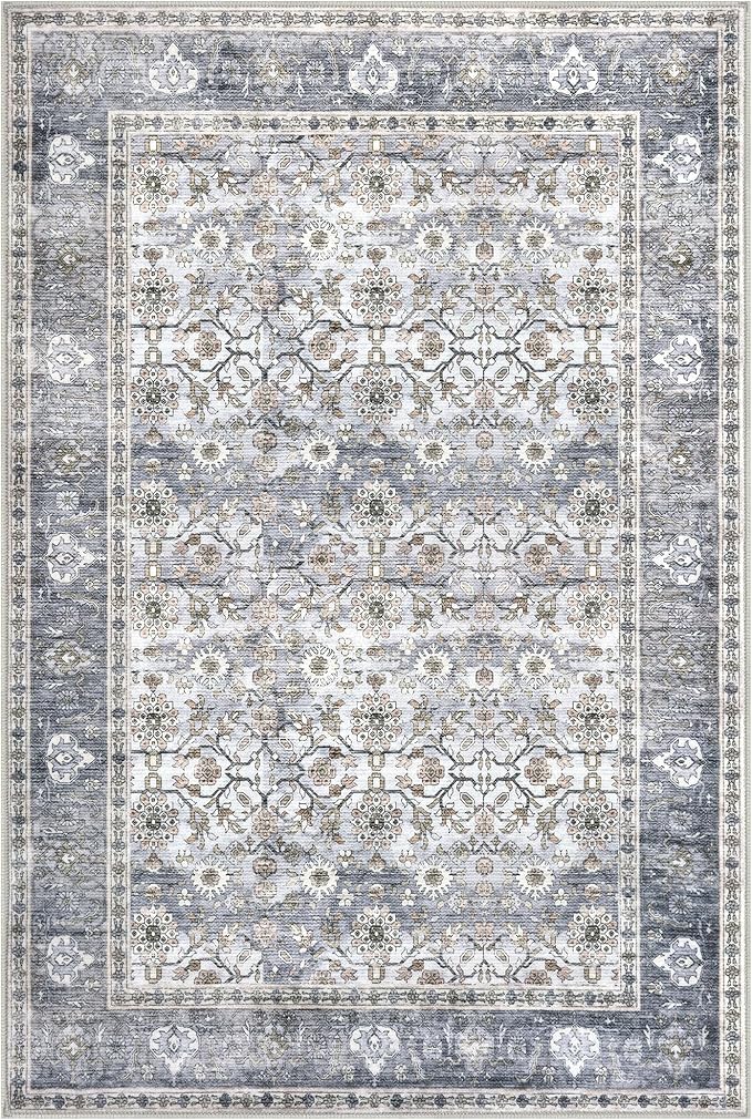KUTA Vintage Floral Large Area Rugs 9x12 Living Room, Grey Blue Washable Bedroom Area Rug Non Slip, Ultra Thin Soft Print Distressed Low-Pile Traditional Carpet for Bedroom Dining Room Dorm Office