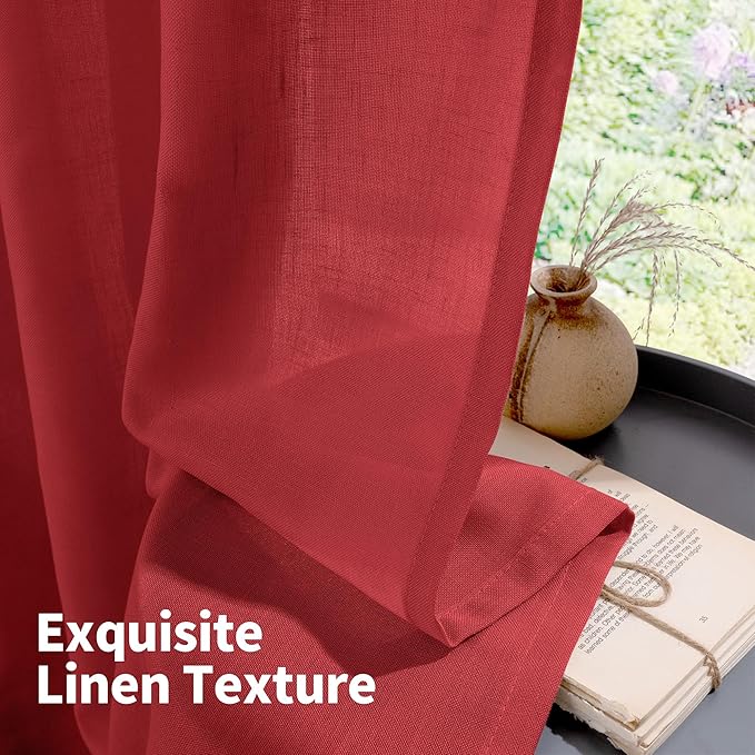 YoungsTex Red Linen Kitchen Curtains 45 Inches Long, Short Light Filtering Drapes with Grommet Semi Sheer Christmas Decor for Bathroom Living Room Window, 2 Panels, 42 X 45 Inch