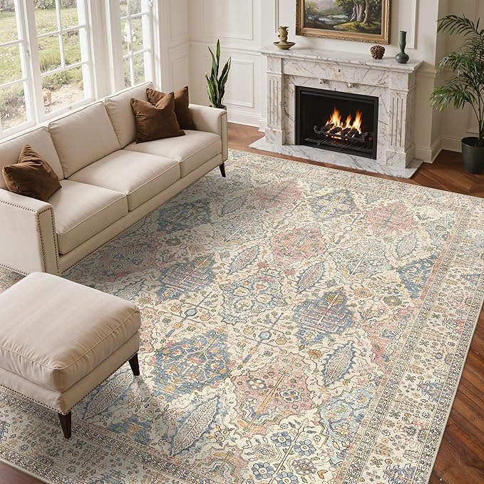 GENIMO 8x10 Area Rugs for Living Room, Machine Washable Non Slip Vintage Rugs, Low Pile Lightweight Chenille Print Rug for Bedroom, Dining Room, Home Office, Beige Cream