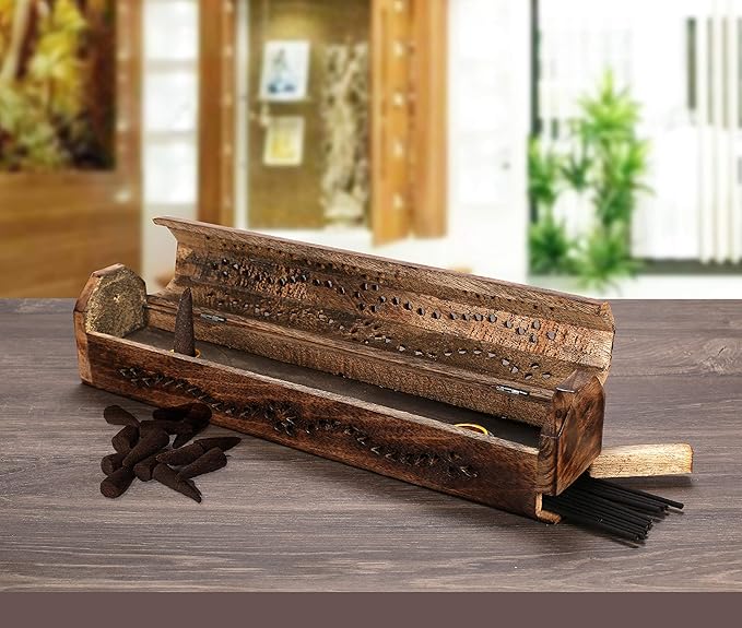 The Wooden Town 12" Hand-Carved Wooden Incense Burner – Gothic Coffin Design, Burnt Finish Ash Catcher for Sticks & Cones – Unique Spiritual & Meditation Gift, Boho Decor