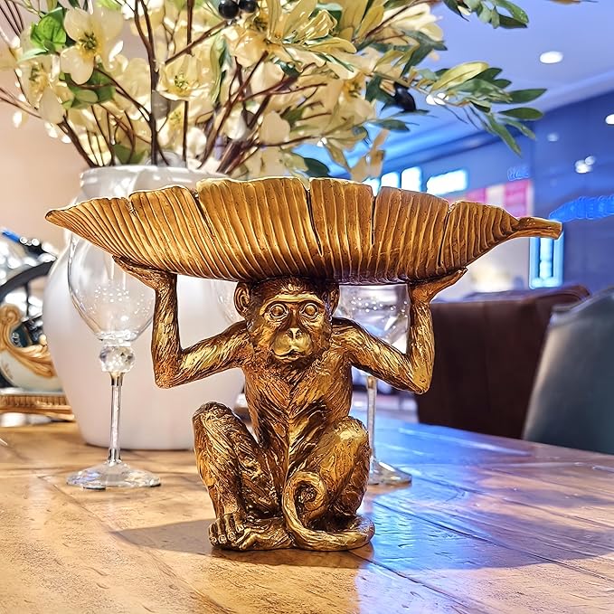 Adorable Monkey Fruit Key Jewelry Tray Bowl Resin Statue Catchall Tray Vintage Decor for Home Office Gift