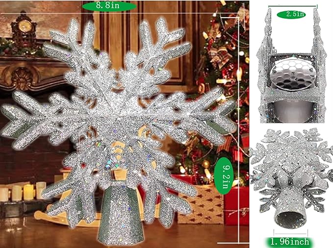 Christmas Tree Topper with 3D Snowfake Projector,fohuas LED Rotating Snowflake Xmas Festival Ornament Light Lamp,Glitter Sparkling Hollow Lighted Silver White Snow Tree-top Decoration
