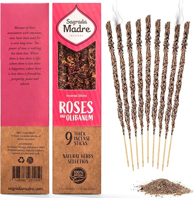 Sagrada Madre 9 pcs Wildly Harvested - Rose & Olibanum/Frankincense Incense Sticks, 7" Long - Thick Aromatic Incense Sticks (45-55 min Burning Time) to Neutralize Negative Energies & Harmonizing Space