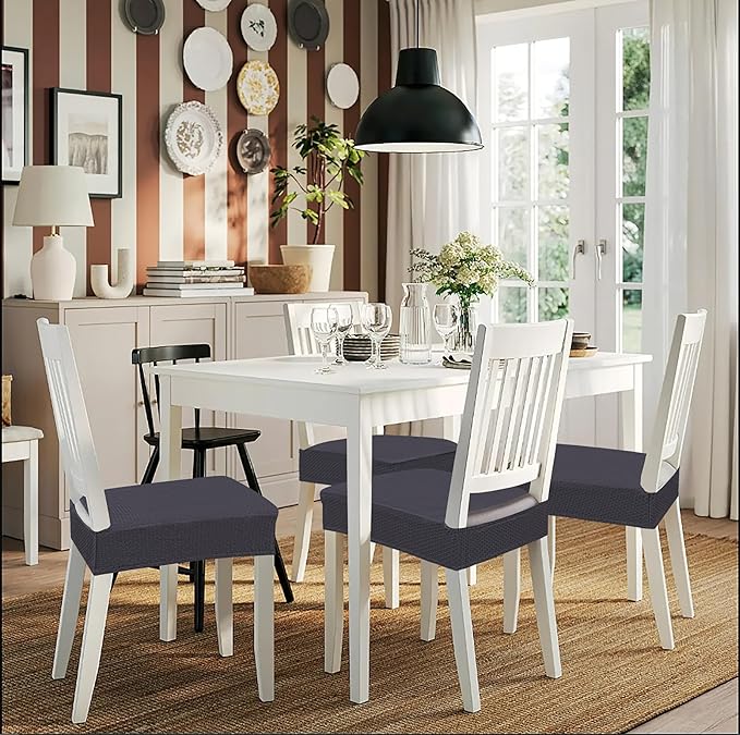 Smiry Stretch Jacquard Seat Covers for Dining Room Chairs Set of 4, Removable Washable Chair Seat Protector Slipcovers, No Rear Covers, Dark Grey