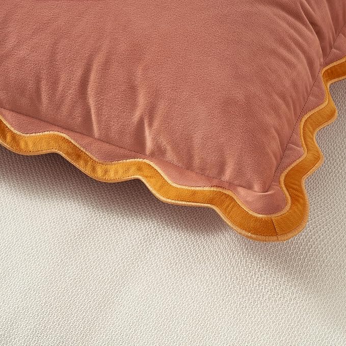 MONDAY MOOSE Decorative Throw Pillow Covers Cushion Cases, Set of 2 Soft Velvet Scalloped Wavy Edge Designs, Mix and Match for Home Decor, Pillow Inserts Not Included (20x20 inch, Pink/Honey)