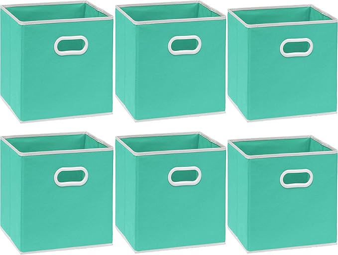 Simple Houseware Foldable Cube Storage Bins with Handles, 11-Inch, Turquoise, 6-Pack, Fabric Cubes Organizer for Closet or Shelves