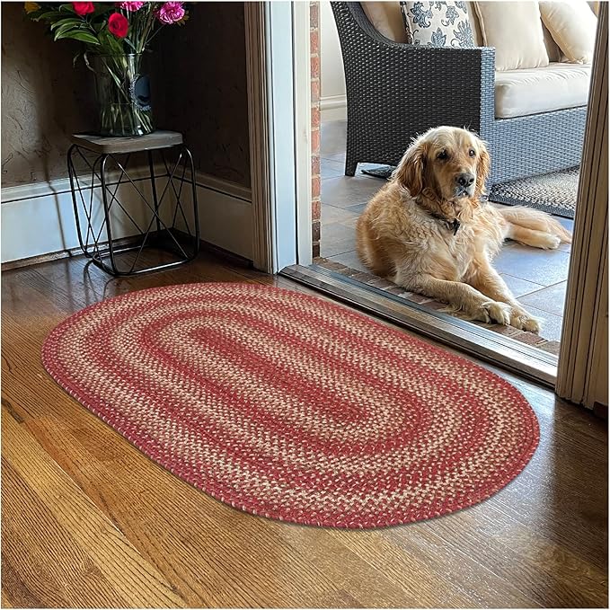 Homespice Apple Pie Oval Braided Rugs 27x45 - Jute Braided Red and White Kitchen Rugs for Country Decor, Rich Colors, Reversible, Low Maintenance No-Shed Jute