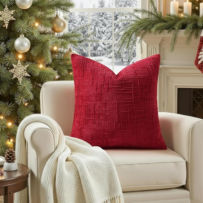 decorUhome Christmas Red Chenille Throw Pillow Covers 20x20 Set of 2 Thick Textured Slubby Couch Pillow Covers Farmhouse Accent Modern Neutral Decorative Pillow Cases for Bed Sofa Living Room