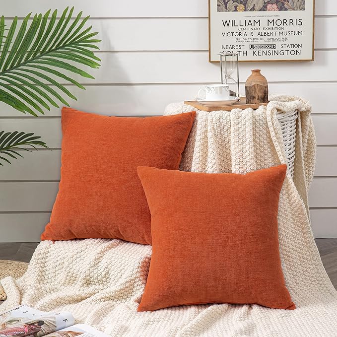 GAWAMAY Decorative Chenille Throw Pillow Covers 24x24 Inch Pack of 2, Soft Square Couch Pillow Cover for Sofa Cushion Living Room Bedroom Solid Dyed Pillowcases Burnt Orange 60x60cm (ONLY Covers)