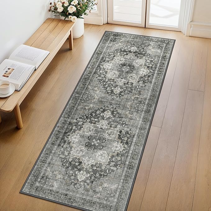 GENIMO 2x4 Runner Rugs for Hallway, Machine Washable Non Slip Vintage Rugs, Low Pile Lightweight Soft Print Rug for enrtyway, Corridor, Home Office, Kitchen, Charcoal Gray