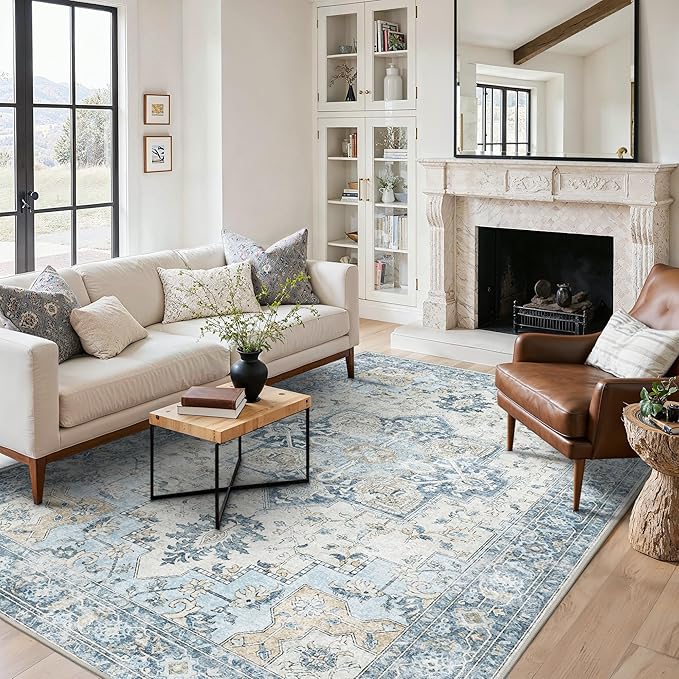 6x9 Area Rugs for Living Room, Machine Washable Rug, Non Slip Vintage Rugs, Low Pile Lightweight Print Rug for Bedroom, Dining Room, Home Office, Blue