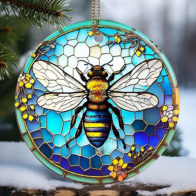 Touber Bee Ornament, Christmas Ornament, Christmas Decoration, Holiday Present Idea, Heirloom Keepsake, Round Ceramic, Gift Exchange, Bauble Present, Gift Idea, Bee