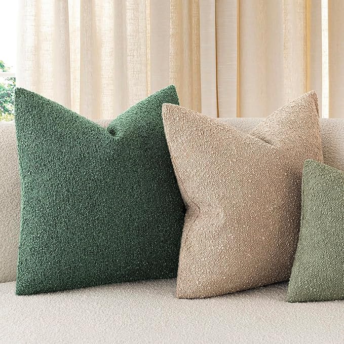 Foindtower Set of 2, Decorative Textured Boucle Throw Pillow Covers Accent Solid Pillow Cases Neutral Cozy Couch Cushion Case for Chair Sofa Bedroom Living Room Home Decor 26x26 Inch Pine Green