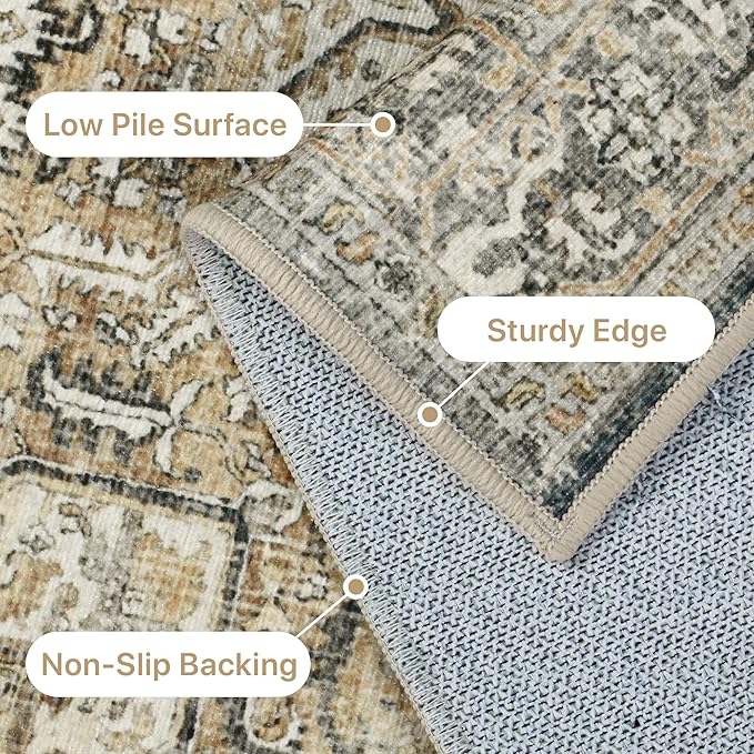 GENIMO Machine Washable 8x10 Area Rugs for Living Room, Non Slip Vintage Rugs, Low Pile Lightweight Chenille Print Rug for Bedroom, Dining Room, Home Office, Earthy Brown