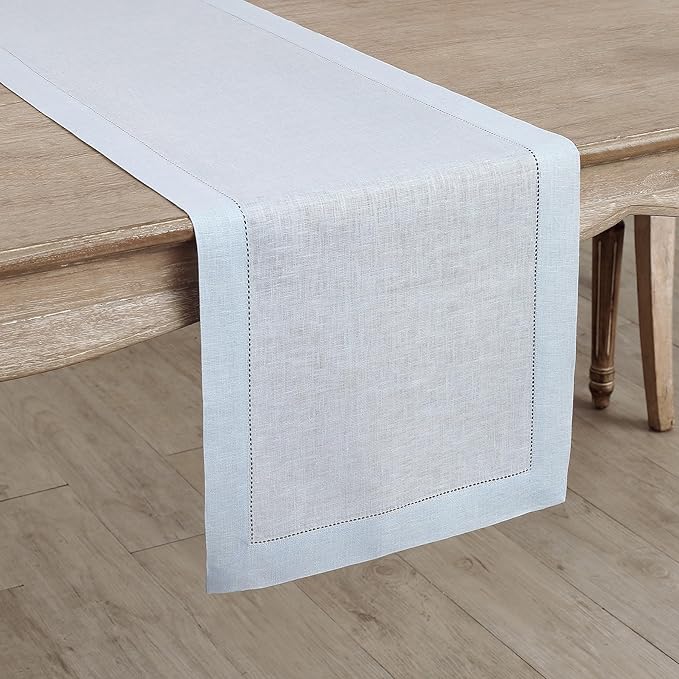 Solino Home Linen Light Blue Table Runner 90 Inches Long - 100% Pure Linen Hemstitch 14 x 90 Inch Table Runner for Dining, Winter, Spring, Easter - Classic Hemstitch