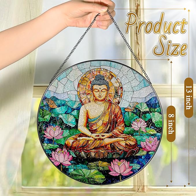 8-Inch Buddha Stained Glass Suncatcher & Ornament, Stained Glass Window Hanging, Sun Catcher Window Decor, Namaste Decor — Gifts for Buddhist & Yoga Lover, Gifts for Christmas, Birthday & Housewarming