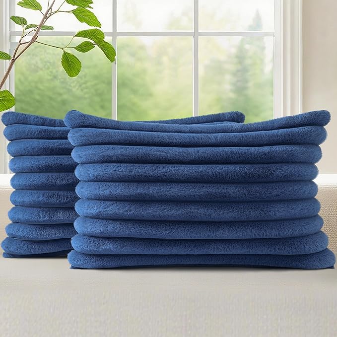 decorUhome Faux Fur Christmas Throw Pillow Covers 12x20 Set of 2, Decorative Soft Plush Striped Lumbar Neutral Couch Euro Pillow Covers with Velvet Back for Sofa, Bed, Living Room Home Decor, Blue