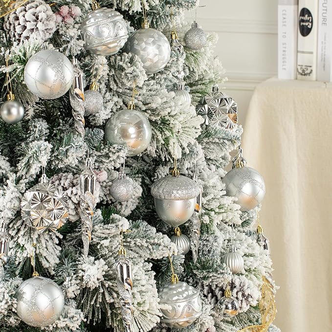 Fuovt 62pcs Silver Christmas Balls Ornaments Set - 3.15" Big Christmas Balls - Shatterproof Plastic Decorative Baubles for Xmas Tree Decor Holiday, Wedding, Party Decoration (Silver)