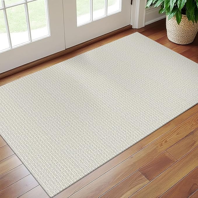 EARTHALL Woven Area Rug 3x5 Ft Washable Rugs for Entryway, Braided Rubber Backed Throw Rugs Door Mat Indoor Outdoor Entrance, Cotton Rug for Kitchen Foyer Front Door Living Room, Cream/Grayish