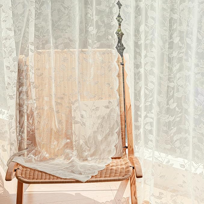 Ivory Lace Semi-Sheer Curtains 2 Panels – Vintage Leaves Pattern Lace for Bedroom/Kitchen, Rustic Privacy Light Filtering Rod Pocket Window Treatments Drapes, Elegant Chic, 52W x 45L Inch