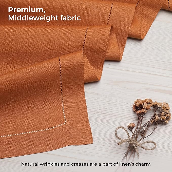 D'Moksha Homes Linen Rust Table Runner 90 Inches Long - Classic Hemstitch 100% Pure Linen Dining Table Runner 14 x 90 Inch for Spring, Easter