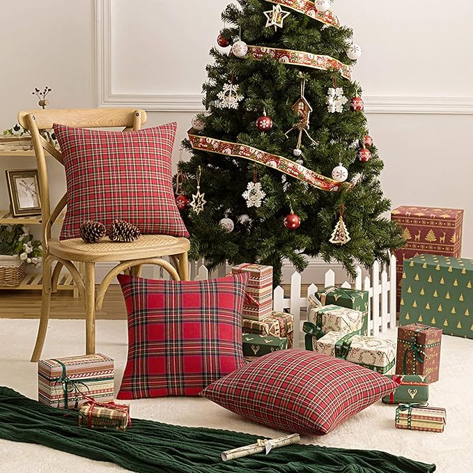 AQOTHES Pack of 2 Christmas Plaid Decorative Throw Pillow Covers Scottish Tartan Cushion Case for Farmhouse Home Holiday Decor Red and Green, 24 x 24 Inches