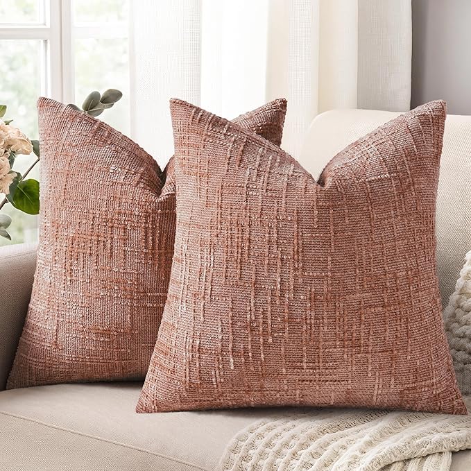 decorUhome Pink Chenille Throw Pillow Covers 22x22 Set of 2 Thick Textured Slubby Couch Pillow Covers Farmhouse Accent Modern Neutral Decorative Pillow Cases for Bed Sofa Living Room