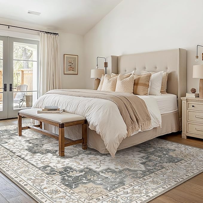 GENIMO 9x12 Area Rugs for Living Room, Non Slip Machine Washable Vintage Rugs, Low Pile Lightweight Chenille Print Large Rug for Bedroom, Dining Room, Home Office, Heathered Grey