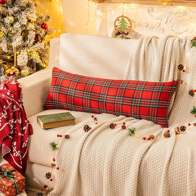 AQOTHES Pack of 2 Christmas Plaid Decorative Throw Pillow Covers Scottish Tartan Cushion Case for Farmhouse Home Holiday Decor Red and Green, 14 x 36 Inches