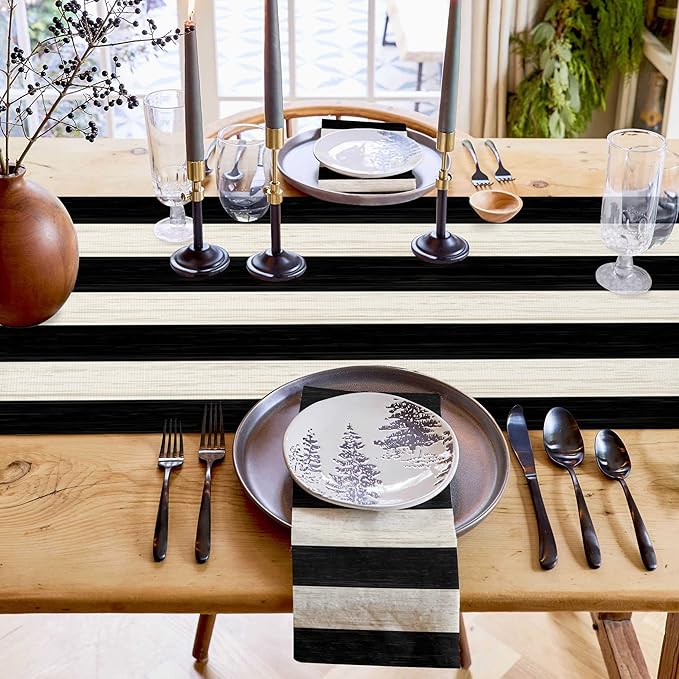 Vandarllin Table Runners 16X72 Inches Long, Black and White Striped,Cotton Linen Farmhouse Retro Rustic Barn Wood Texture Tablecloths Non-Slip Party Table Decorations for Kitchen,Home,Dining,Outdoor,