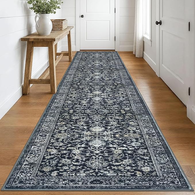KILOCOCO Runner for Hallway 3x16 Runner Rug Printed Vintage Floral Washable Rug Kitchen Runners Soft Non-Slip Low Pile Hallway Runners Laundry Room Distressed Boho Rugs, Navy/Charcoal
