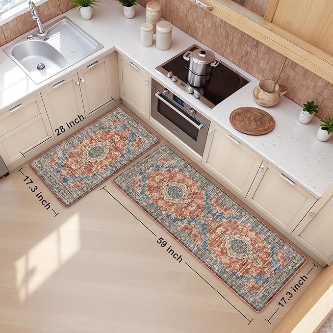 Boho Kitchen Mats for Floor 2 Piece Set Anti Fatigue Cushioned PVC Kitchen Rugs Non Slip Waterproof Farmhouse Mats 2/5 Inch Comfort Standing Mat for Sink, Laundry, 17.3"x59"+17.3"x28", Retro Red