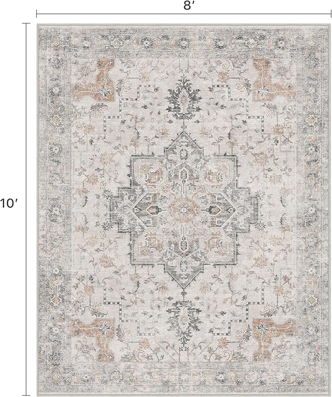 8x10 Area Rugs for Living Room, Machine Washable Non Slip Vintage Rugs, Low Pile Lightweight Print Rug for Bedroom, Dining Room, Home Office, Light Taupe Brown