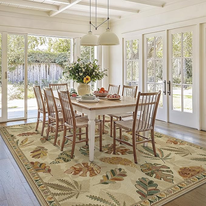 GENIMO 8x10 Area Rugs for Living Room, Machine Washable Non Slip Vintage Retro Rugs, Low Pile Soft Chenille Print Rug for Bedroom, Dining Room, Home Office, Leafy Daylight