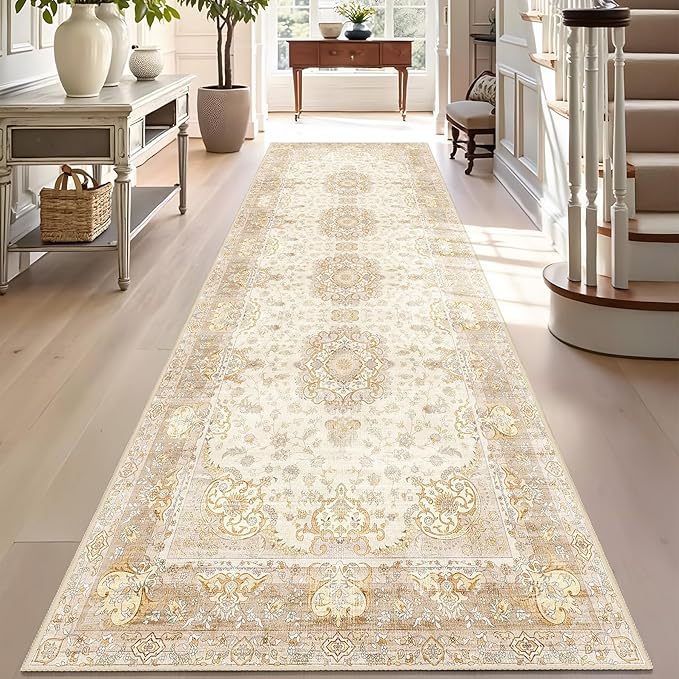 Washable Runner Rug 2'x8',Boho Rug Runners Non Slip,Long Rugs for Hallways Kitchen Bathroom Bedroom Entryway,Vintage Bohemian Distressed Floor Carpet,Beige Gold Floral